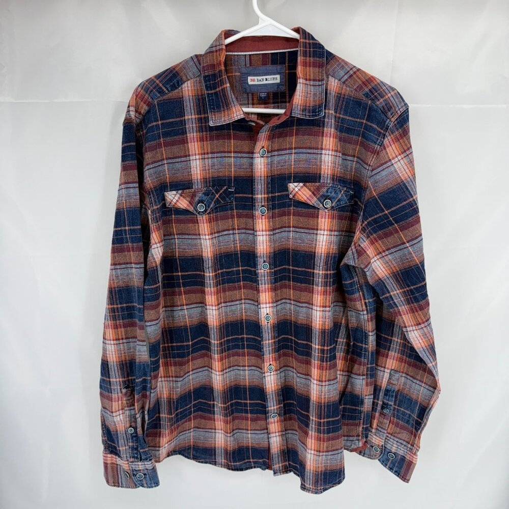 32 Bar Blues Men L Button Down Shirt Long Sleeve Blue Orange Plaid Woven Western